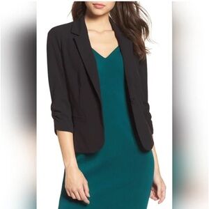 ELIZA j ruched sleeve blazer in black, size medium